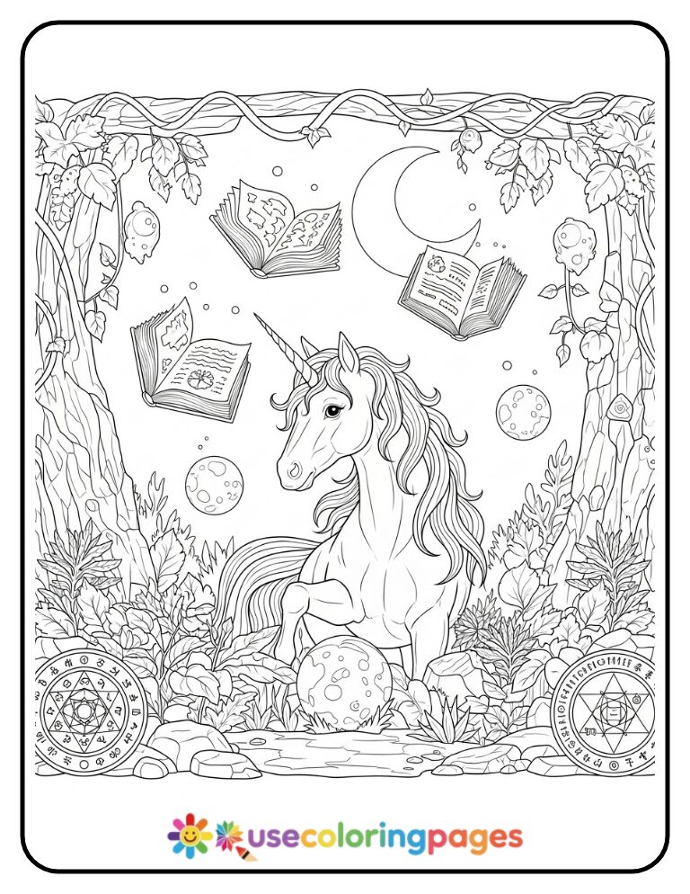 Unicorn in Moonlit Garden of Spells Coloring Page