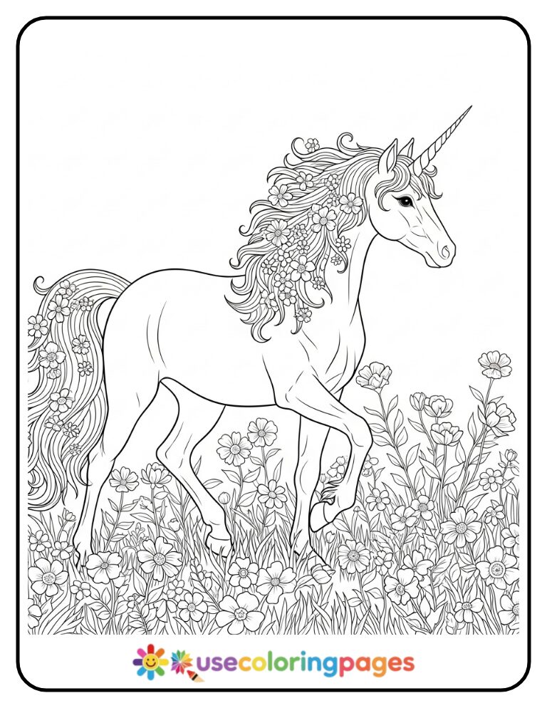 Unicorn in a Flower Meadow Printable Coloring Page