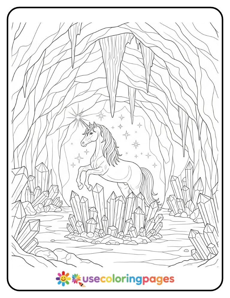 Unicorn in a Magic Crystal Cave Coloring Page