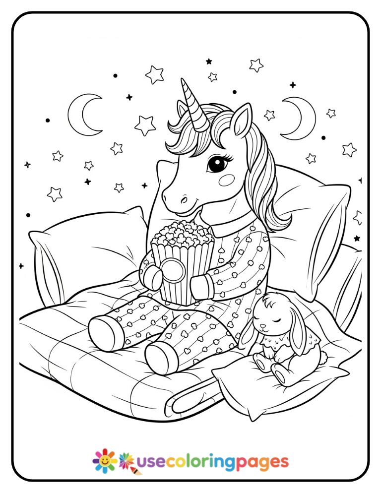 Unicorn in a Pajama Party Coloring Page