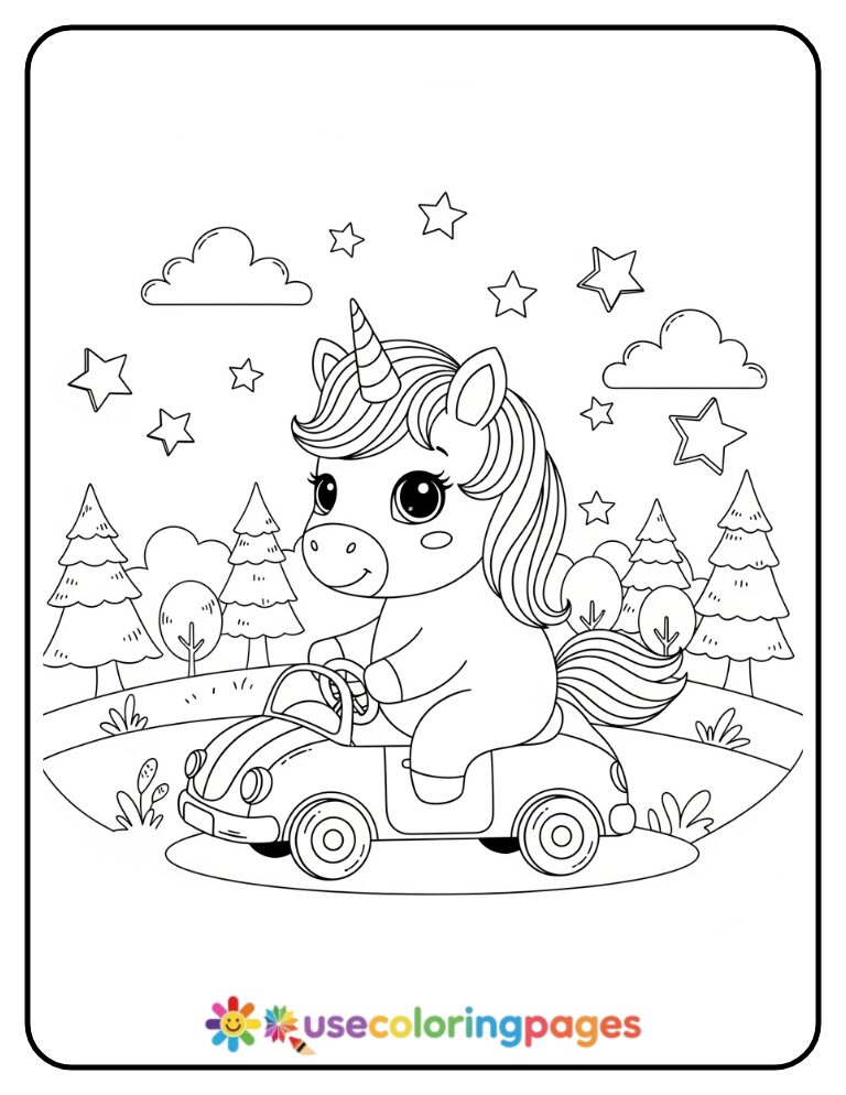 Unicorn in a Toy Car Coloring Page for Kids