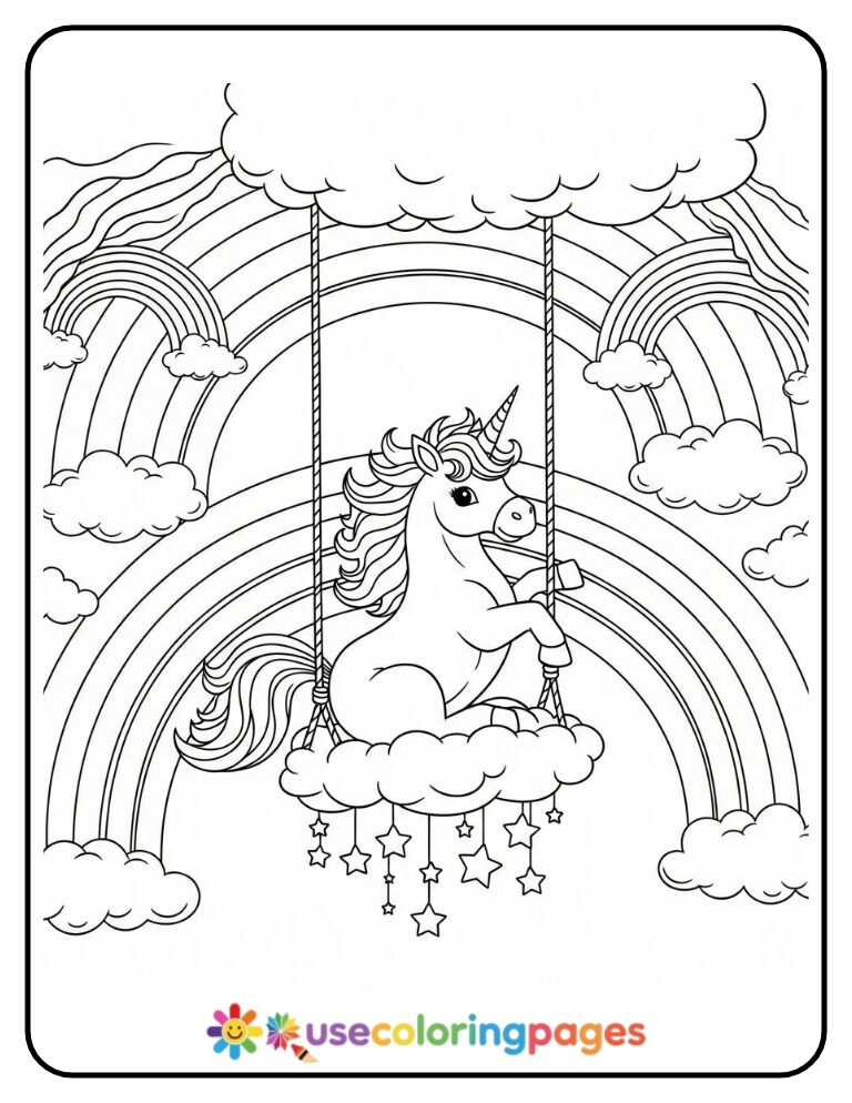 Unicorn on a Cloud Swing Coloring Page