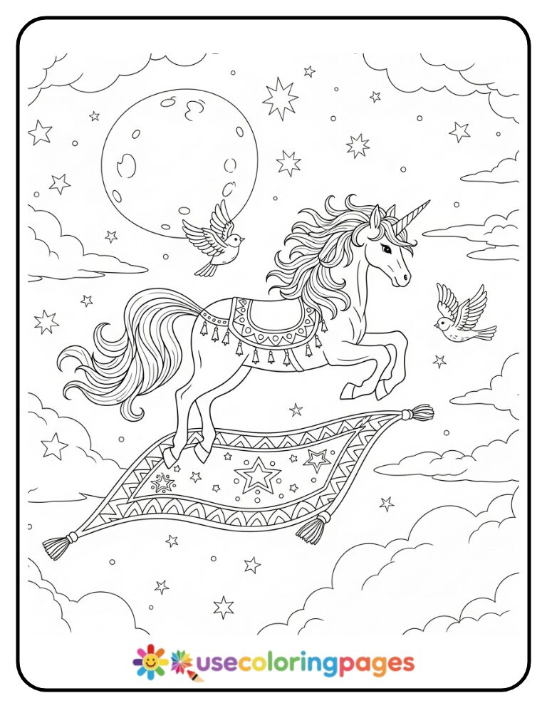 Unicorn on a Magic Flying Carpet Coloring Page