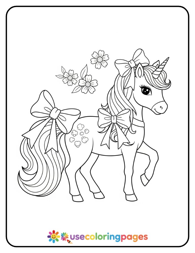 Unicorn with Big Bow Coloring Page Easy