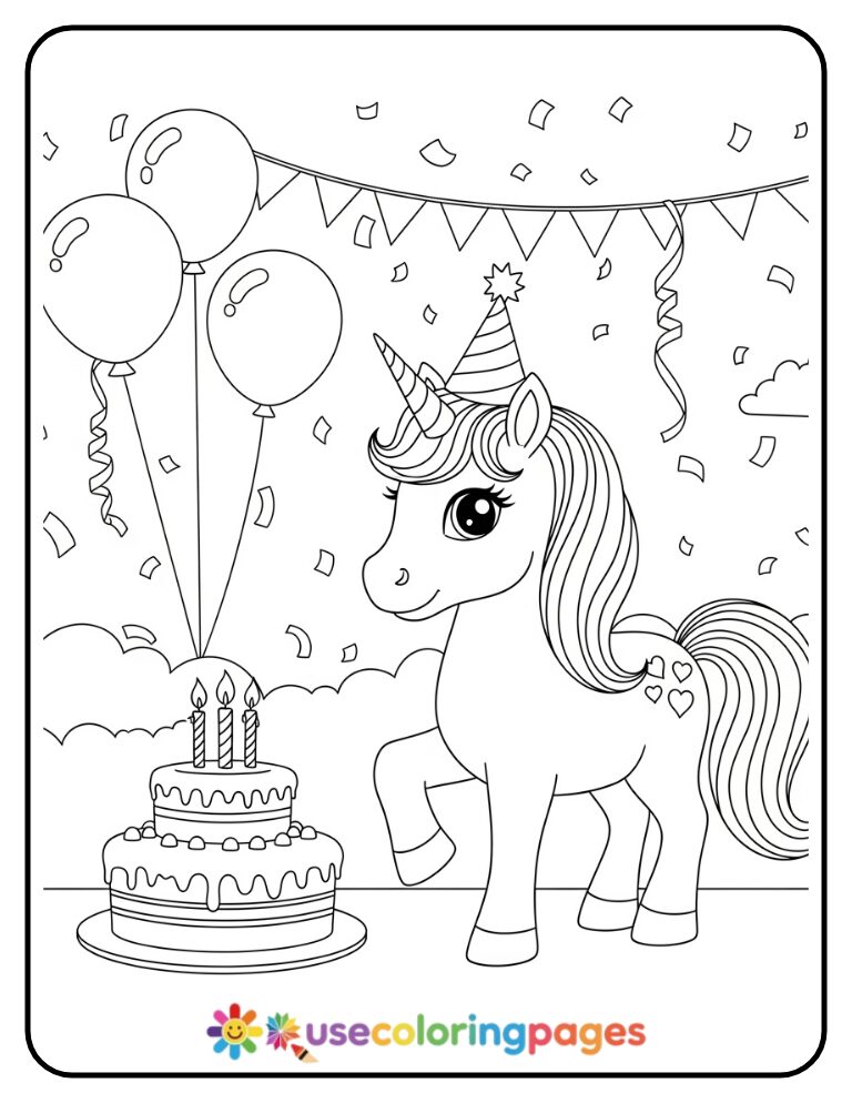 Unicorn with Birthday Hat and Cake Coloring Page