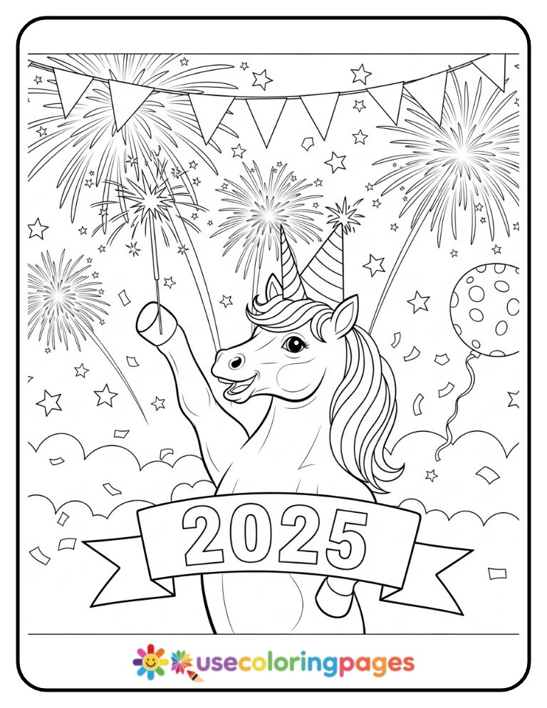 Unicorn with Fireworks for New Year Coloring Page