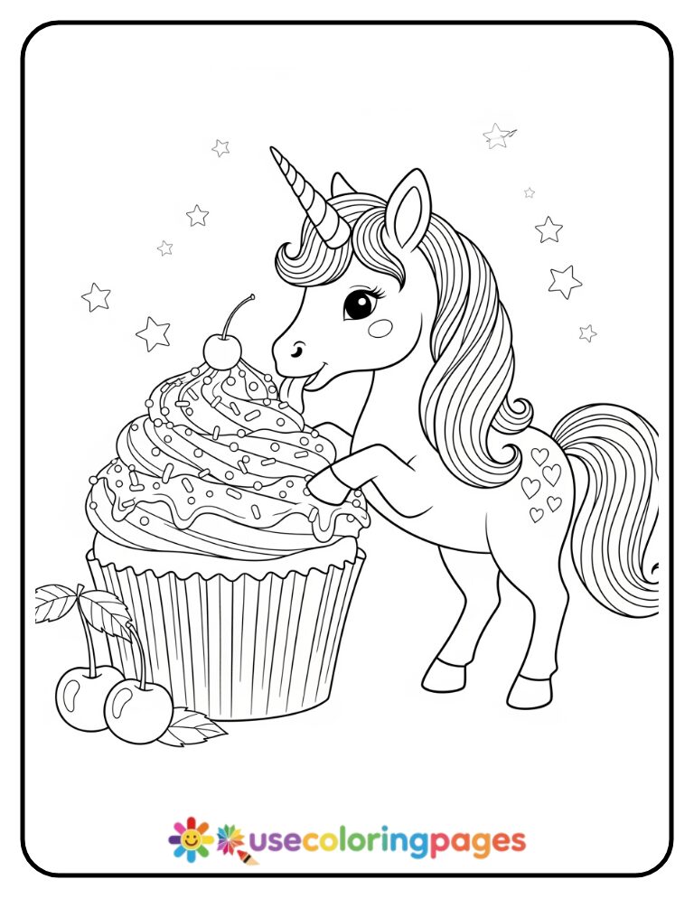 Unicorn with Giant Cupcake Coloring Page