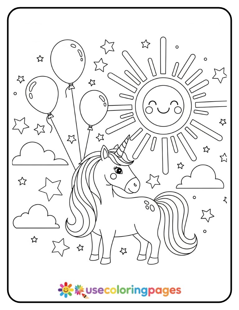 Unicorn with Happy Sun and Balloons Coloring Page