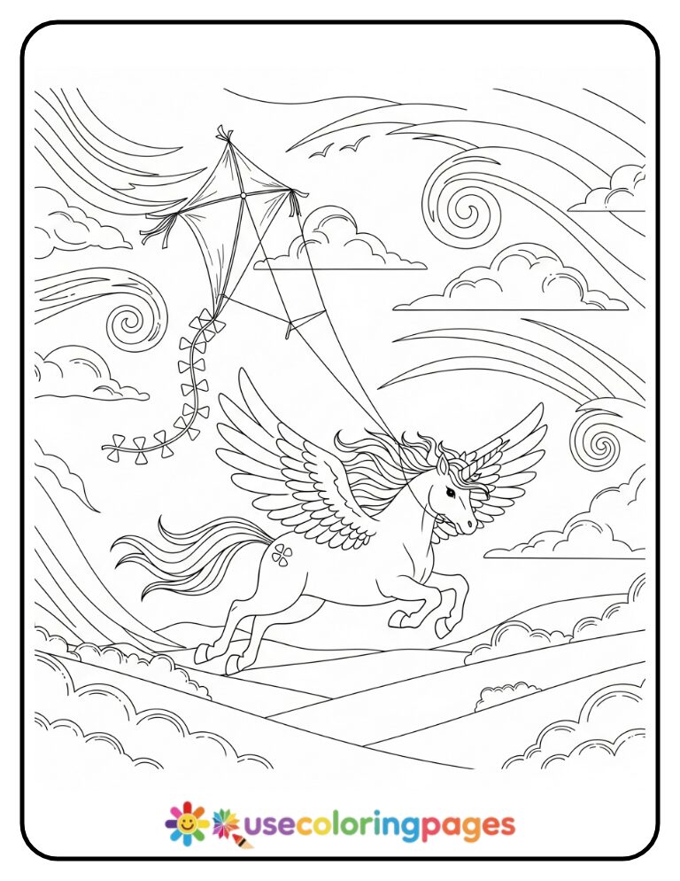 Unicorn with Kite in the Wind Coloring Page