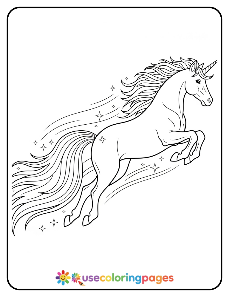 Unicorn with Rainbow Tail Leaping Coloring Page