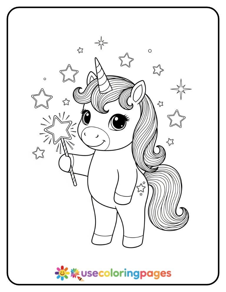 Unicorn with Star Wand Printable Coloring Page