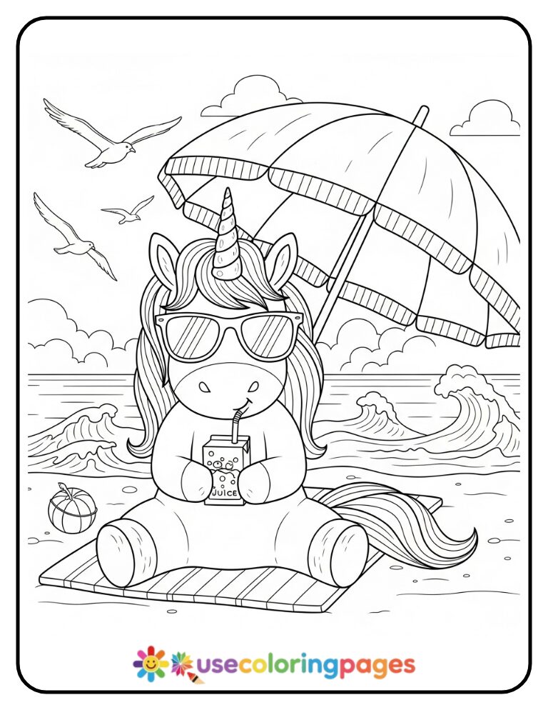 Unicorn with Sunglasses and Juice Box Coloring Page