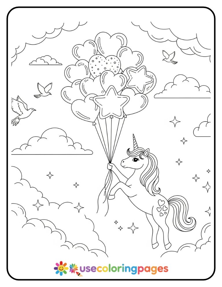Unicorn with a Balloon Bouquet Coloring Page for Kids