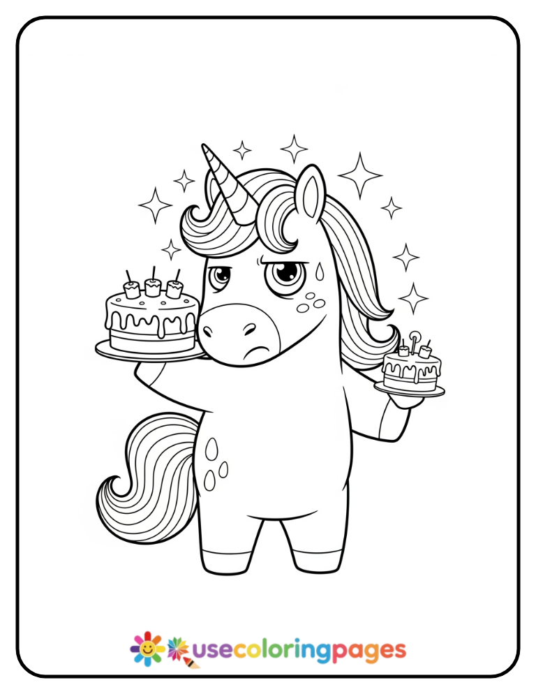 Unimpressed Unicorn With Cake Coloring Page