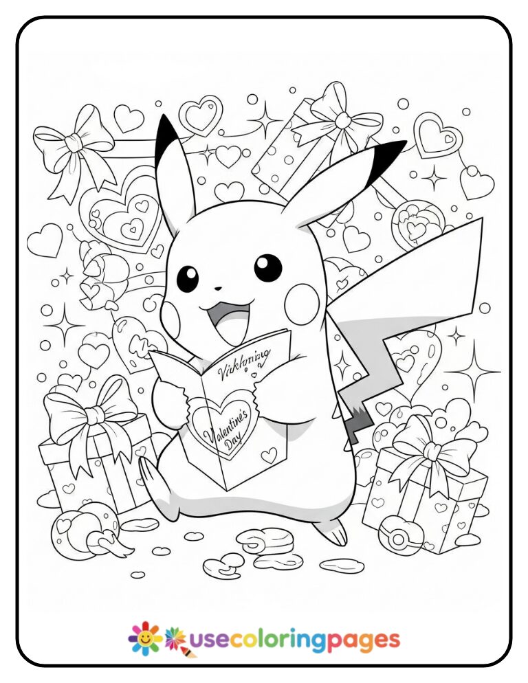 Valentine Pikachu Holding a Heart Card Coloring Page Printable