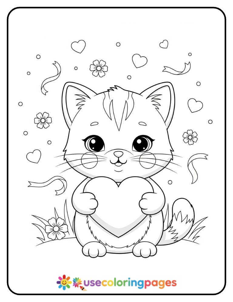 Valentine’s Day Cat Holding a Heart Coloring Page