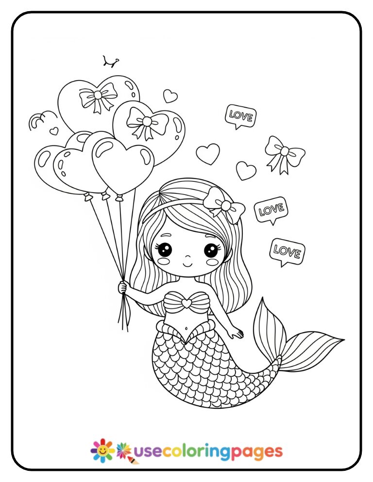 Valentine’s Day Mermaid with Heart Balloons Coloring Page