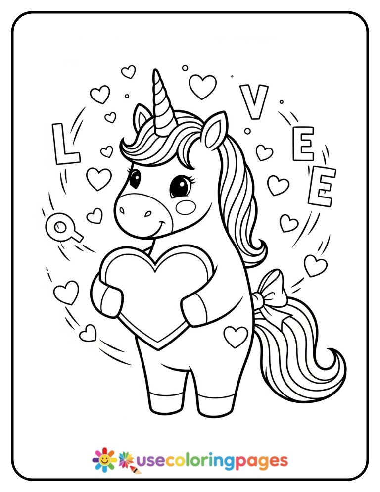 Valentine’s Day Unicorn with Hearts Coloring Page