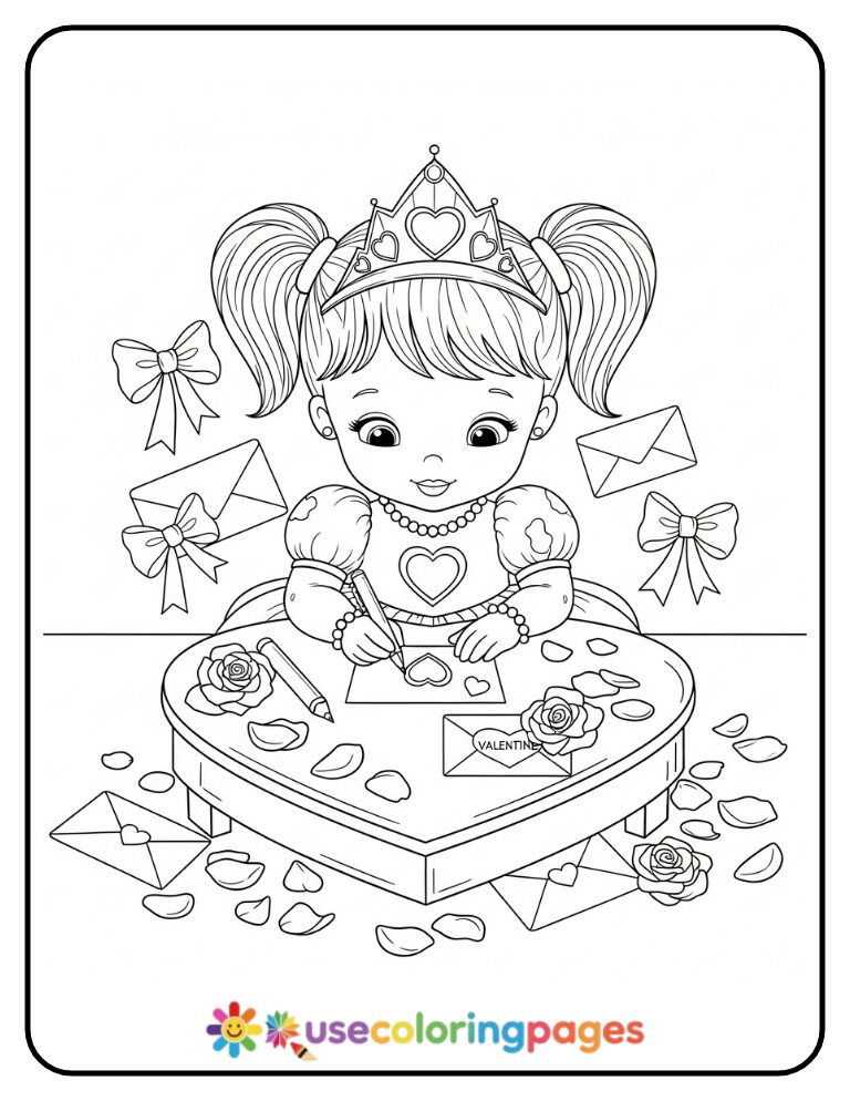 Valentine’s Princess Writing Love Notes Coloring Page