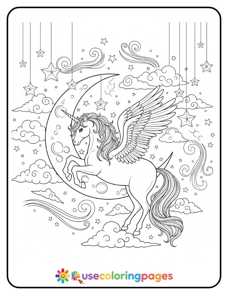 Winged Unicorn Resting on a Crescent Moon Coloring Page