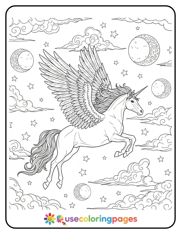 Winged Unicorn Soaring Through Night Sky Coloring Page