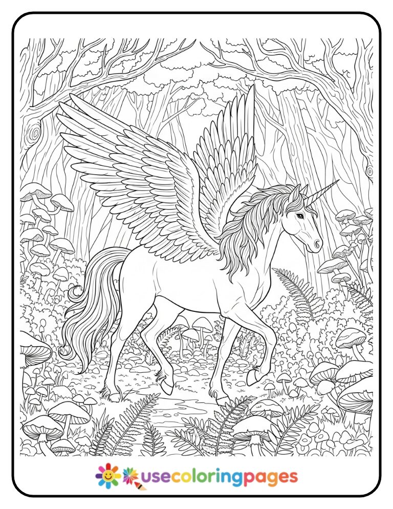 Winged Unicorn in an Enchanted Forest Coloring Page