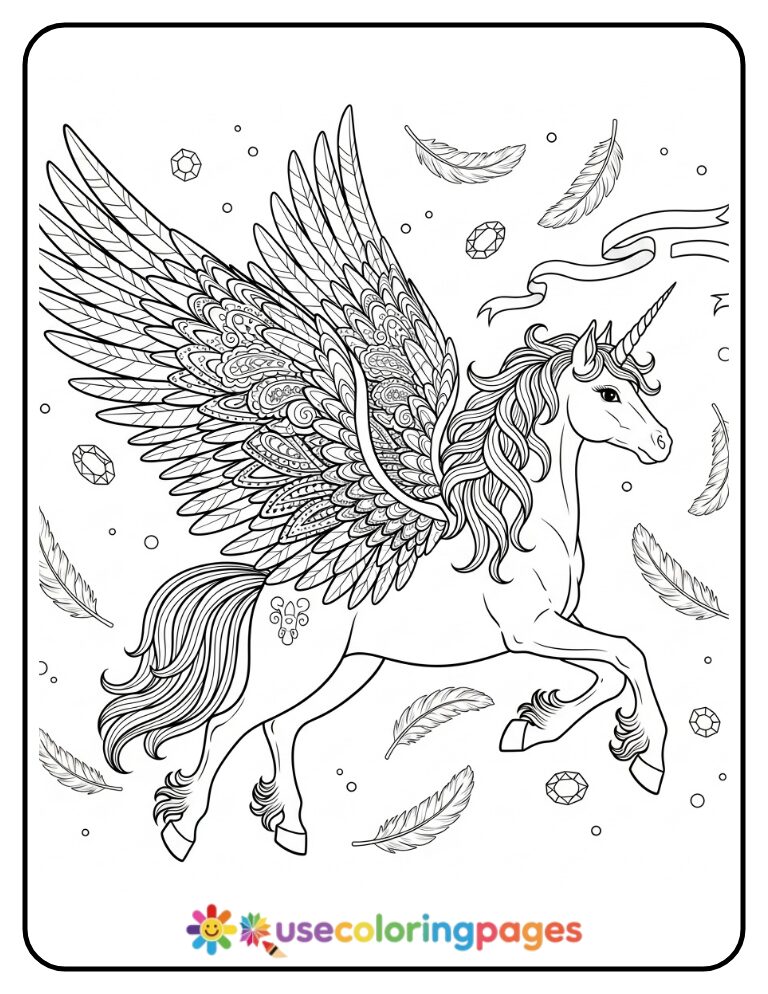 Winged Unicorn with Decorative Feathers Coloring Page