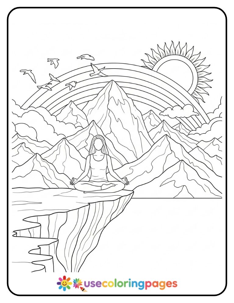 Yoga Pose Silhouette Over Rainbow Mountains Coloring Page