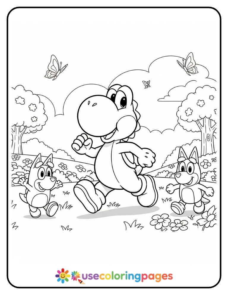 Yoshi Playing Tag with Bluey and Bingo Coloring Page Printable