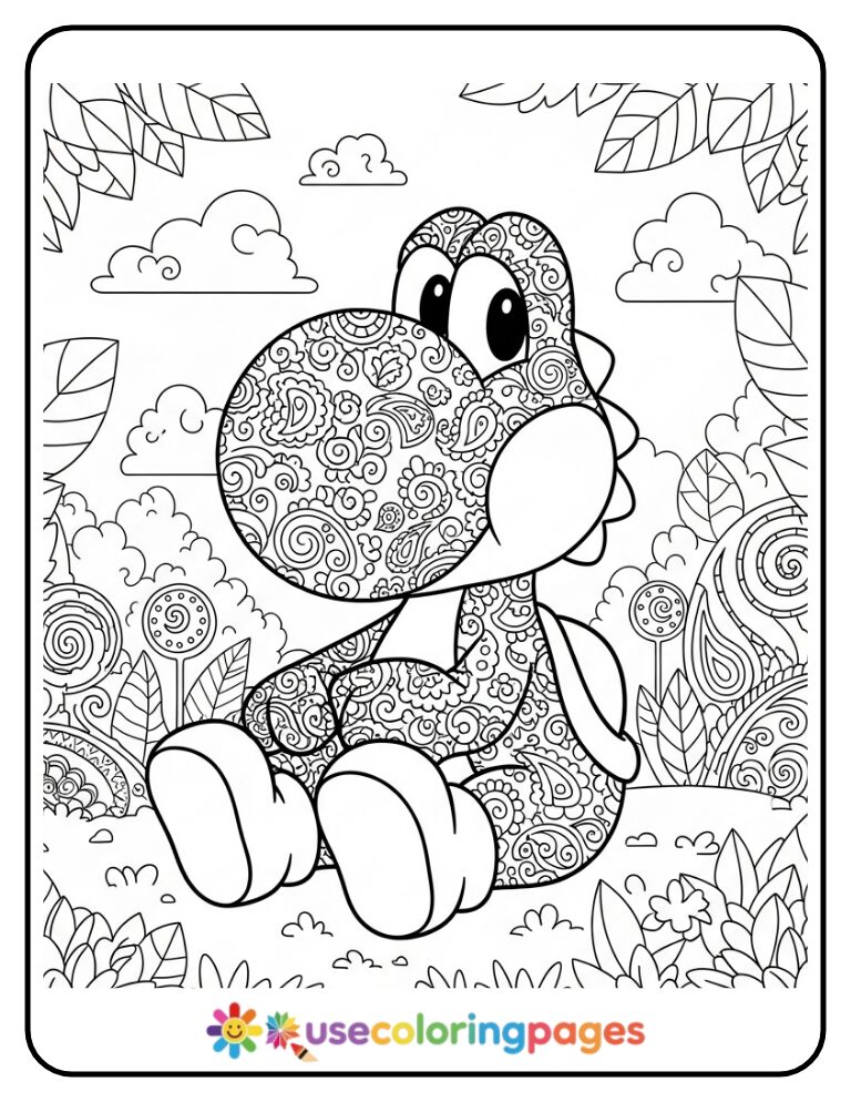 Yoshi Surrounded by Paisley and Patterned Leaves Coloring Page