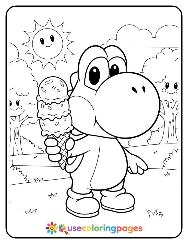 Yoshi with Ice Cream Cone Coloring Page For Toddlers