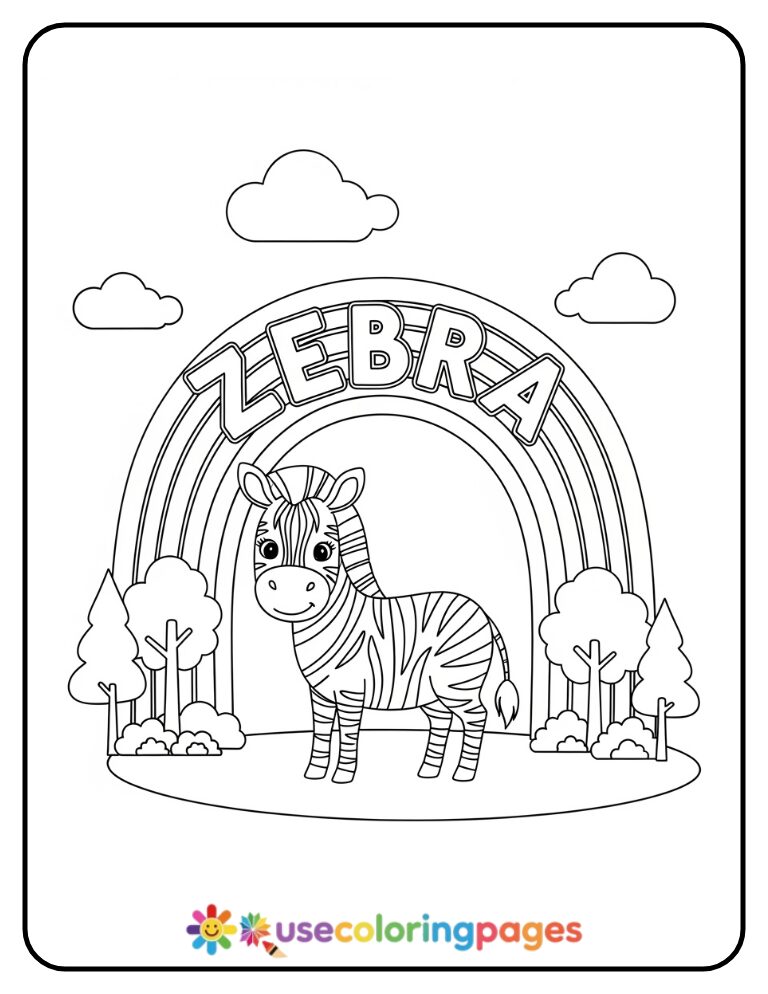 Zebra Standing Under Rainbow Word Banner Coloring Page