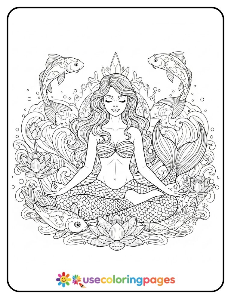 Zen Mermaid Surrounded by Lotus and Koi Coloring Page