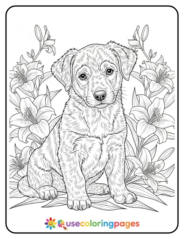 Zen Puppy with Floral Backdrop Coloring Page