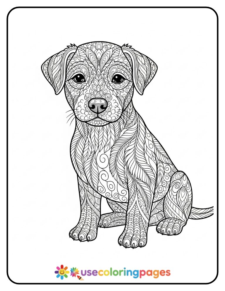 Zentangle-Inspired Puppy Sitting Gracefully Coloring Sheet