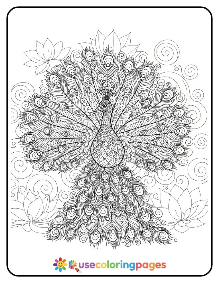 Zentangle Peacock With Rainbow Feather Fans Coloring Page
