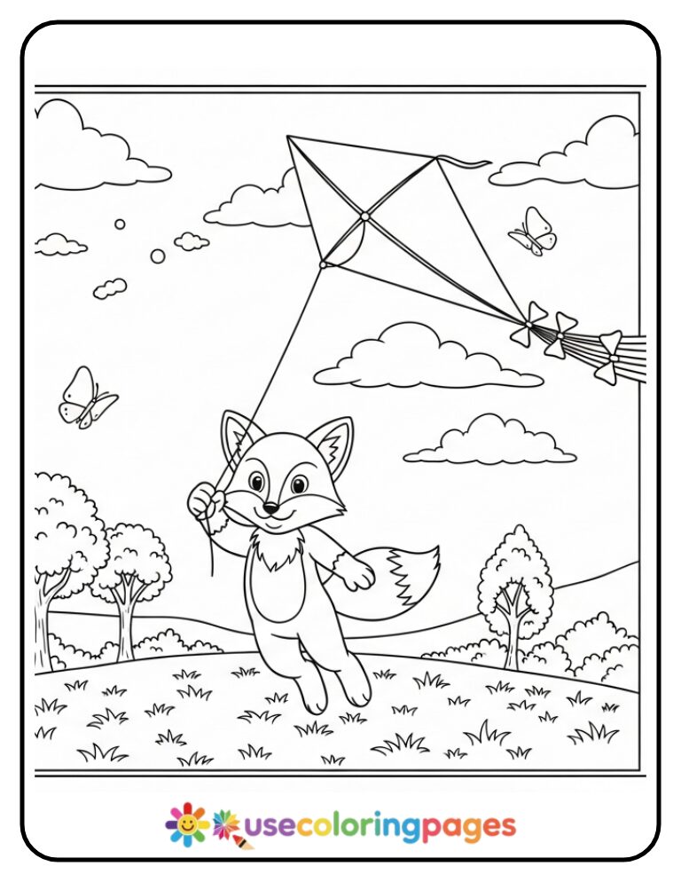 Ziggy the Fox Flying Kite with Rainbow Tail Coloring Page