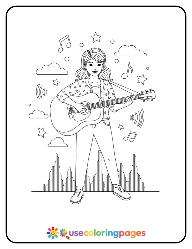 Acoustic Guitar Playing Coloring Page Printable