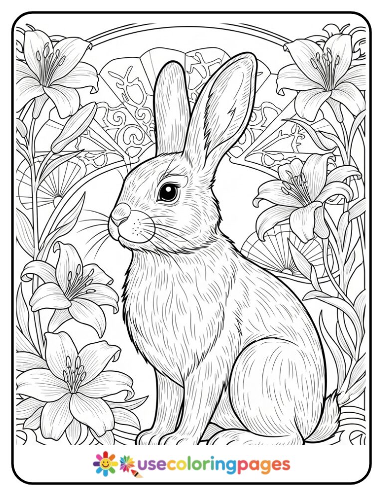 Art Nouveau Bunny in Floral Frame Coloring Page