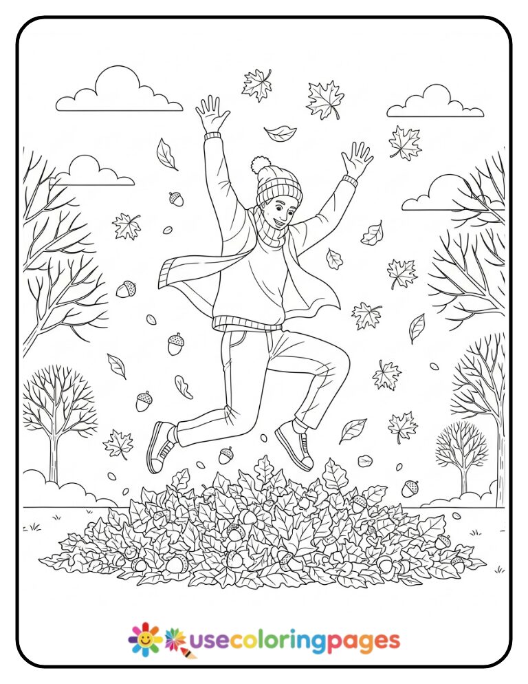 Autumn Leaves Jumping Coloring Page Printable