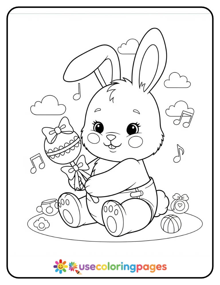Baby Bunny Holding a Rattle Coloring Page