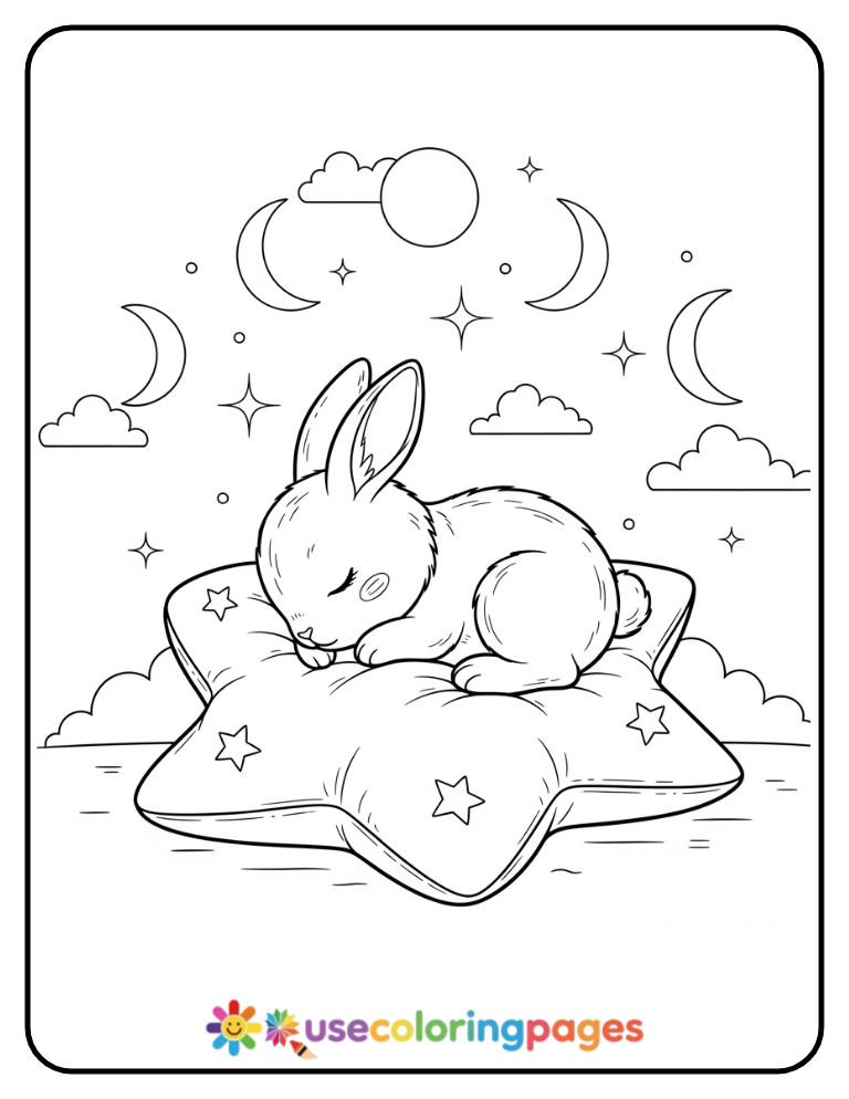 Baby Bunny Sleeping on a Star Pillow Coloring Page