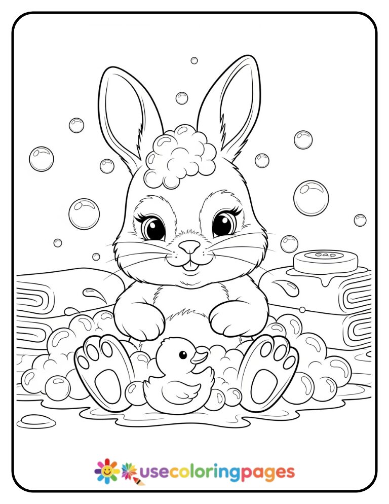 Baby Bunny in a Bubble Bath Coloring Page