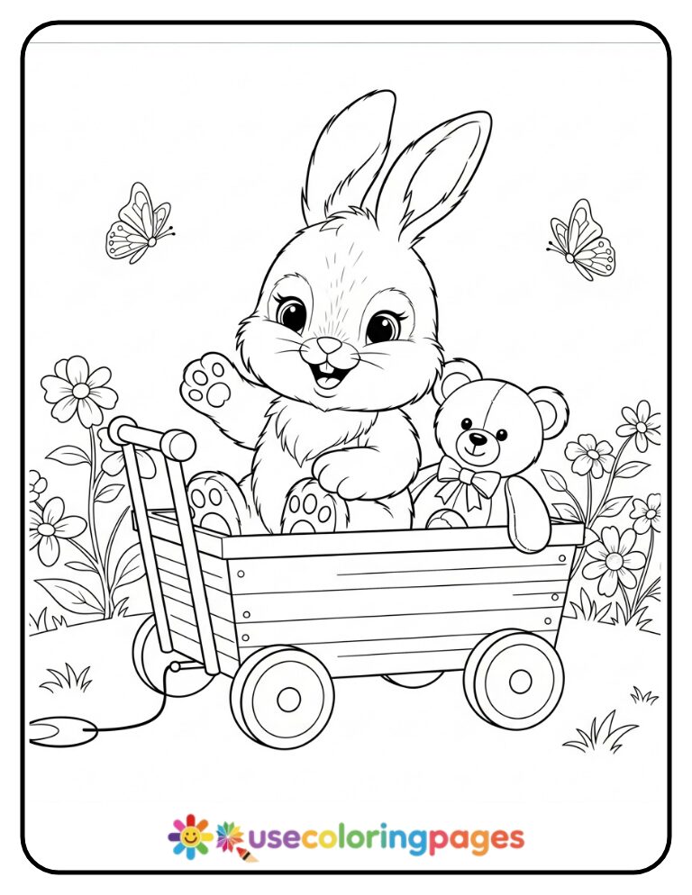 Baby Bunny in a Toy Wagon Coloring Page