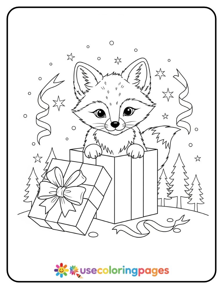 Baby Fox Peeking Out of Gift Box Coloring Page (1)