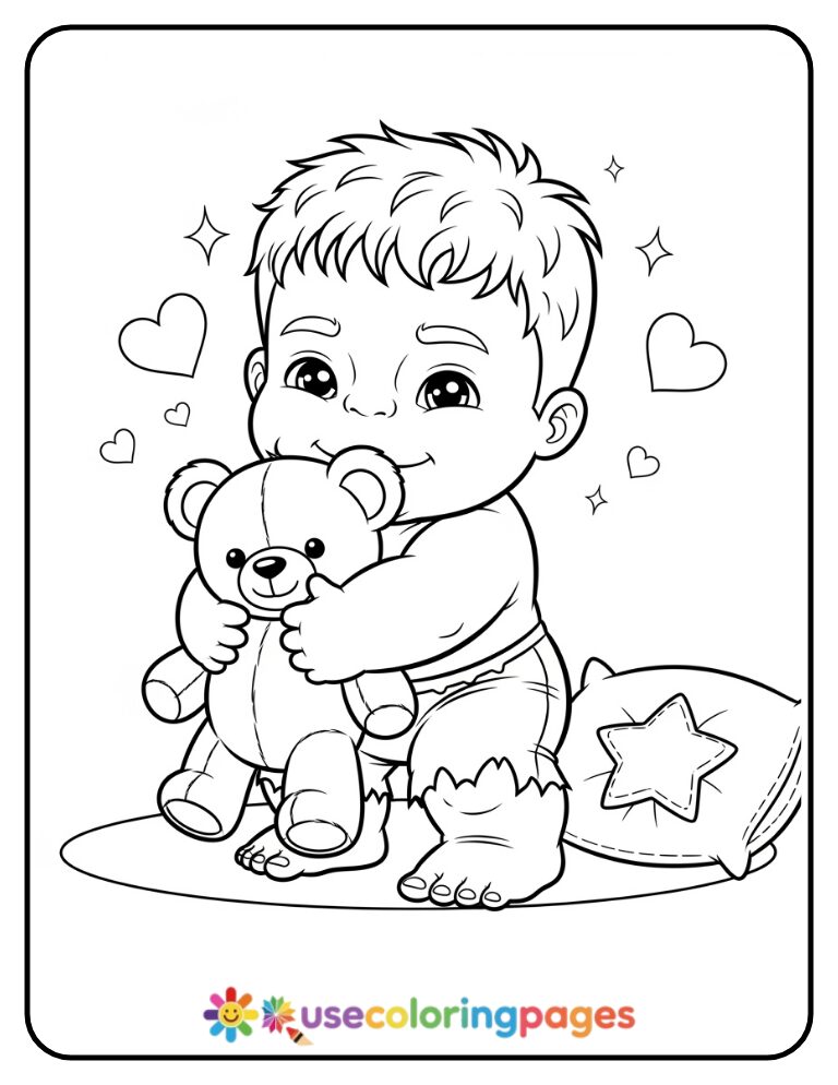 Baby Hulk Holding Teddy Bear Coloring Page For Kids