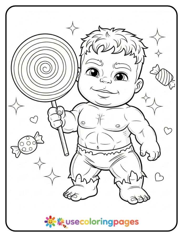 Baby Hulk With Giant Lollipop Coloring Page Printable