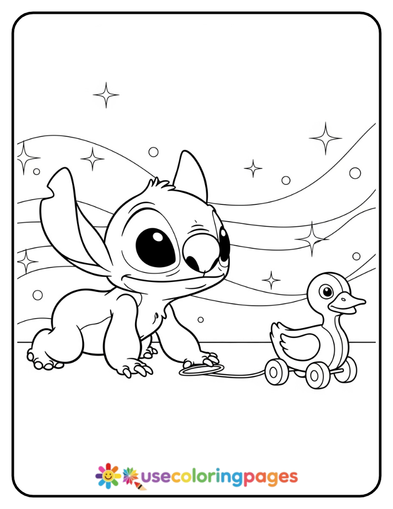 Baby Stitch Crawling with a Toy Duck Coloring Page