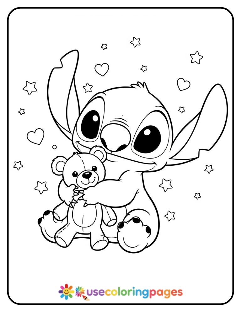 Baby Stitch Holding a Teddy Bear Coloring Page