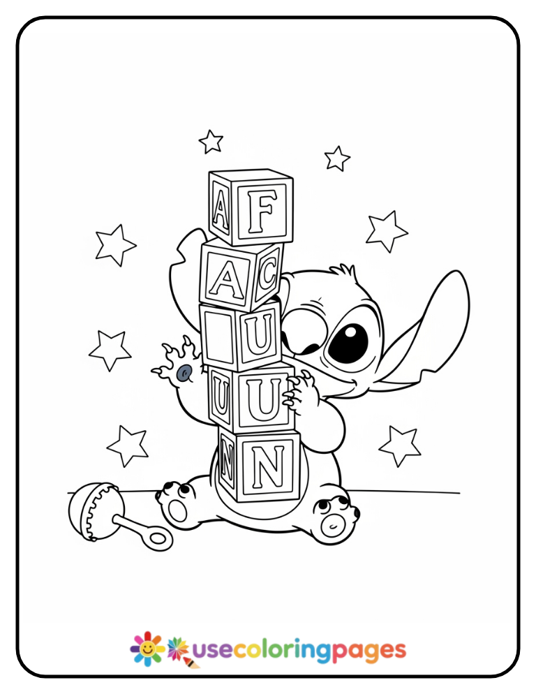 Baby Stitch Playing with Blocks Coloring Page